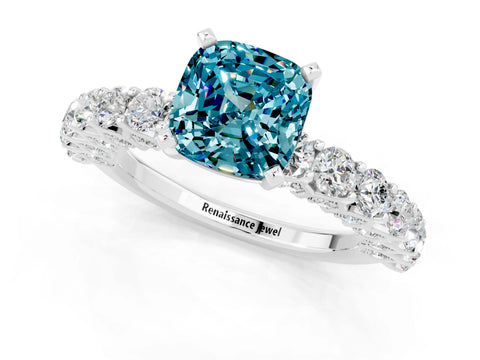 White gold Cushion Cut Blue Topaz Solitaire Ring with Shared Prong Pavé Band and Four-Prong Setting_1