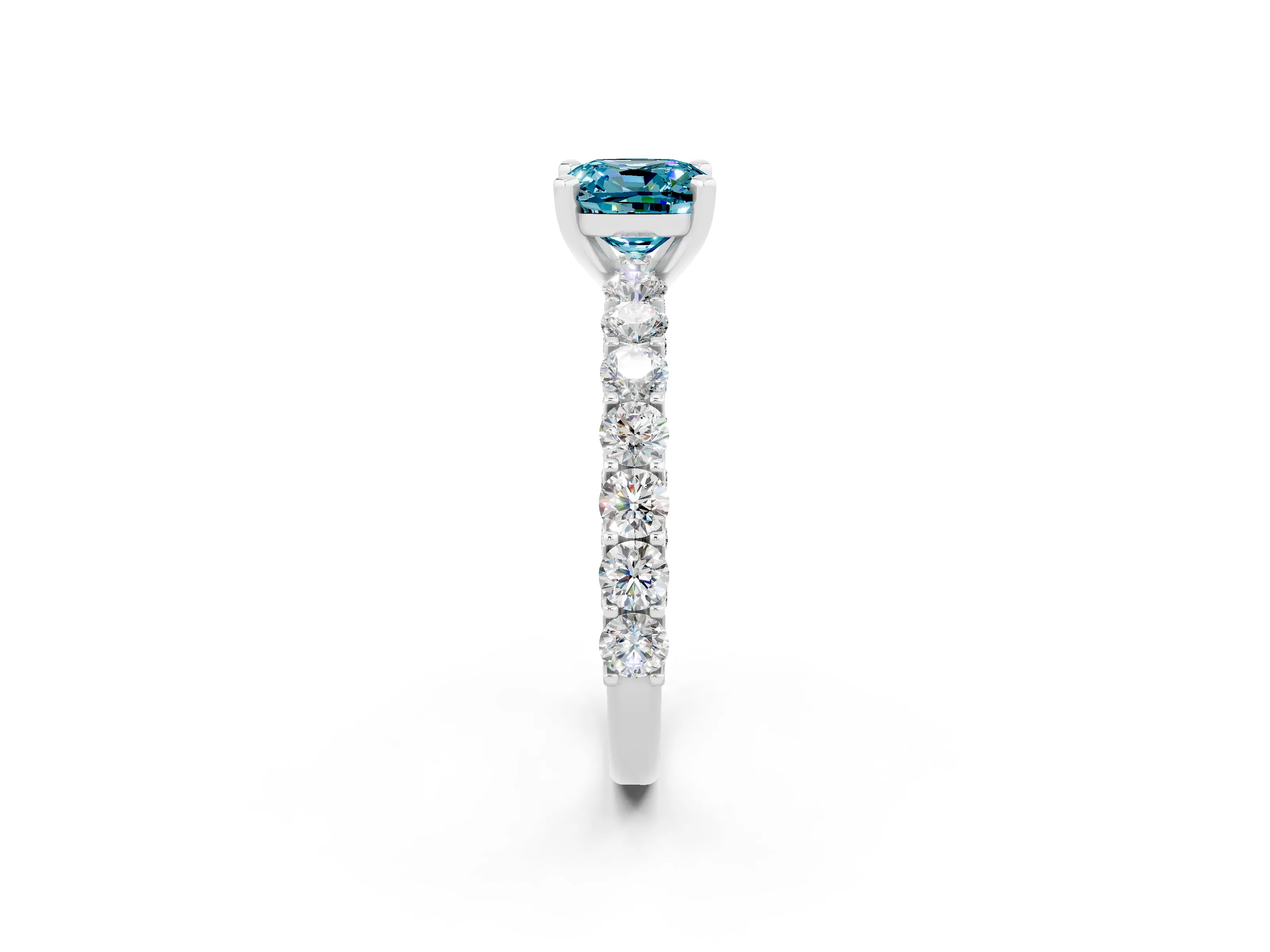 White gold Cushion Cut Blue Topaz Solitaire Ring with Shared Prong Pavé Band and Four-Prong Setting_2