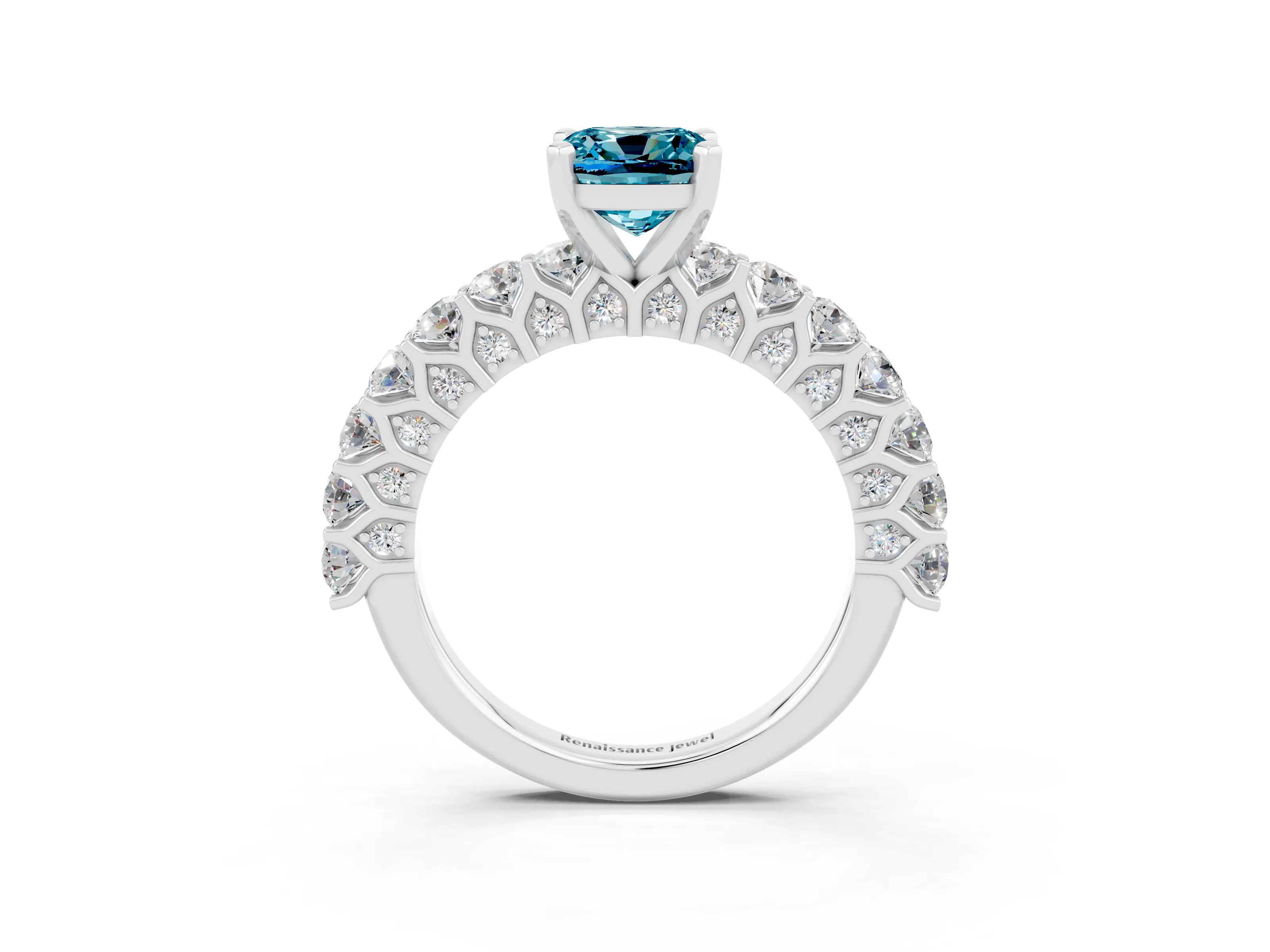 White gold Cushion Cut Blue Topaz Solitaire Ring with Shared Prong Pavé Band and Four-Prong Setting_3