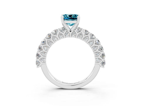 White gold Cushion Cut Blue Topaz Solitaire Ring with Shared Prong Pavé Band and Four-Prong Setting_3