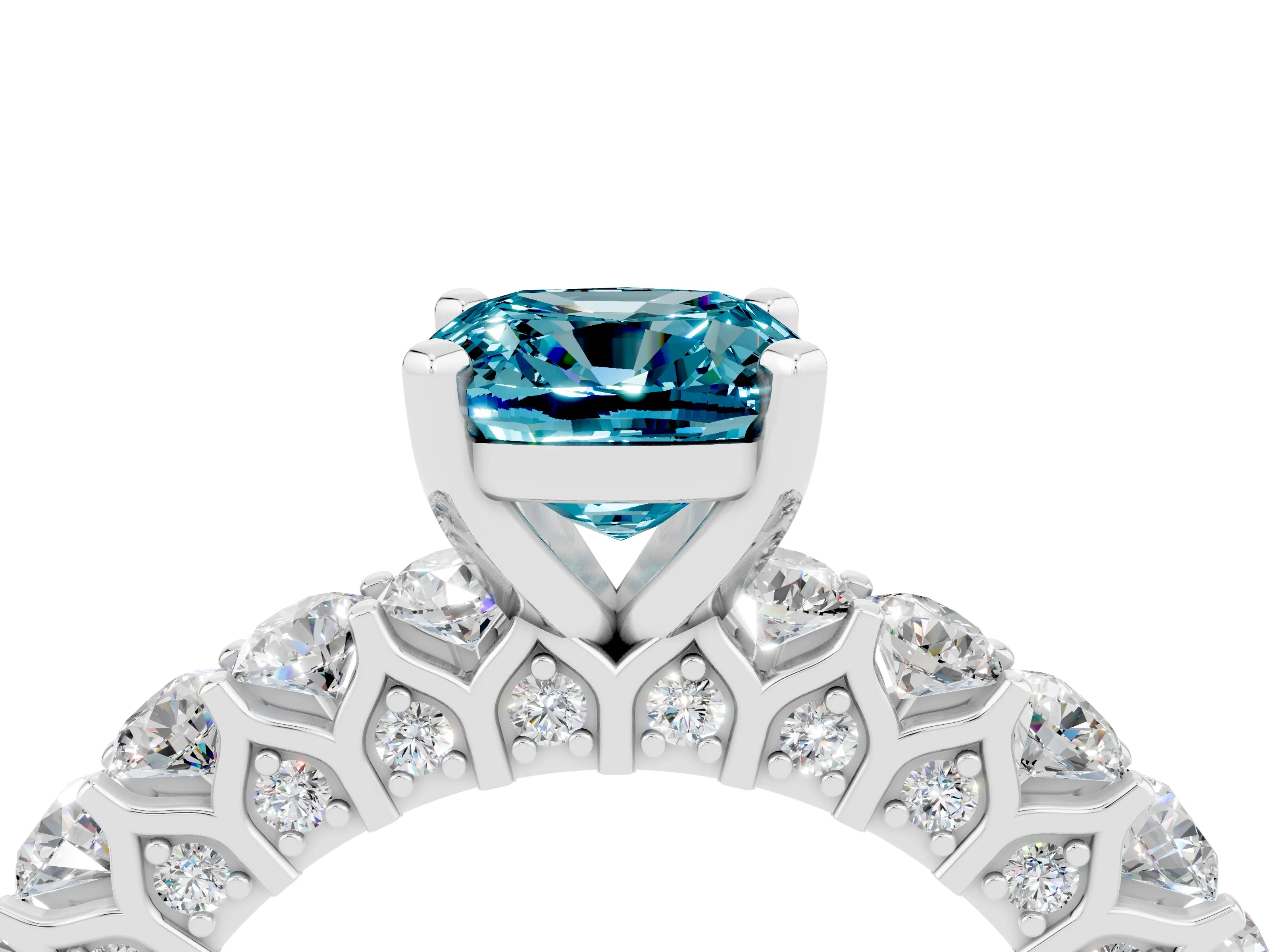 White gold Cushion Cut Blue Topaz Solitaire Ring with Shared Prong Pavé Band and Four-Prong Setting_4