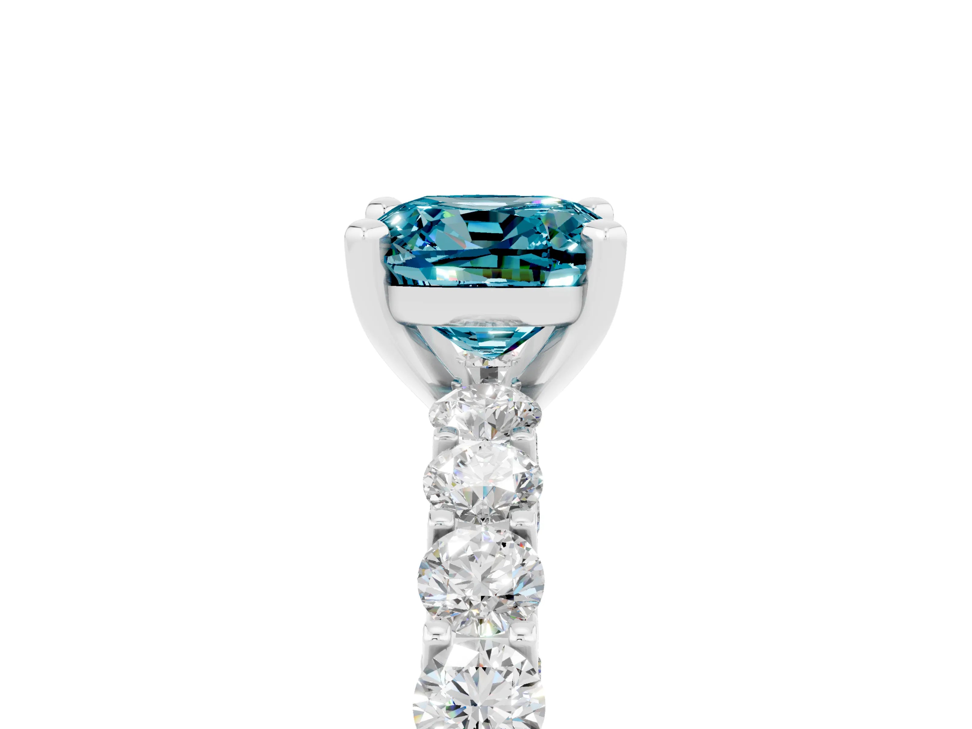 White gold Cushion Cut Blue Topaz Solitaire Ring with Shared Prong Pavé Band and Four-Prong Setting_5