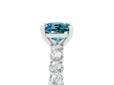 White gold Cushion Cut Blue Topaz Solitaire Ring with Shared Prong Pavé Band and Four-Prong Setting_5