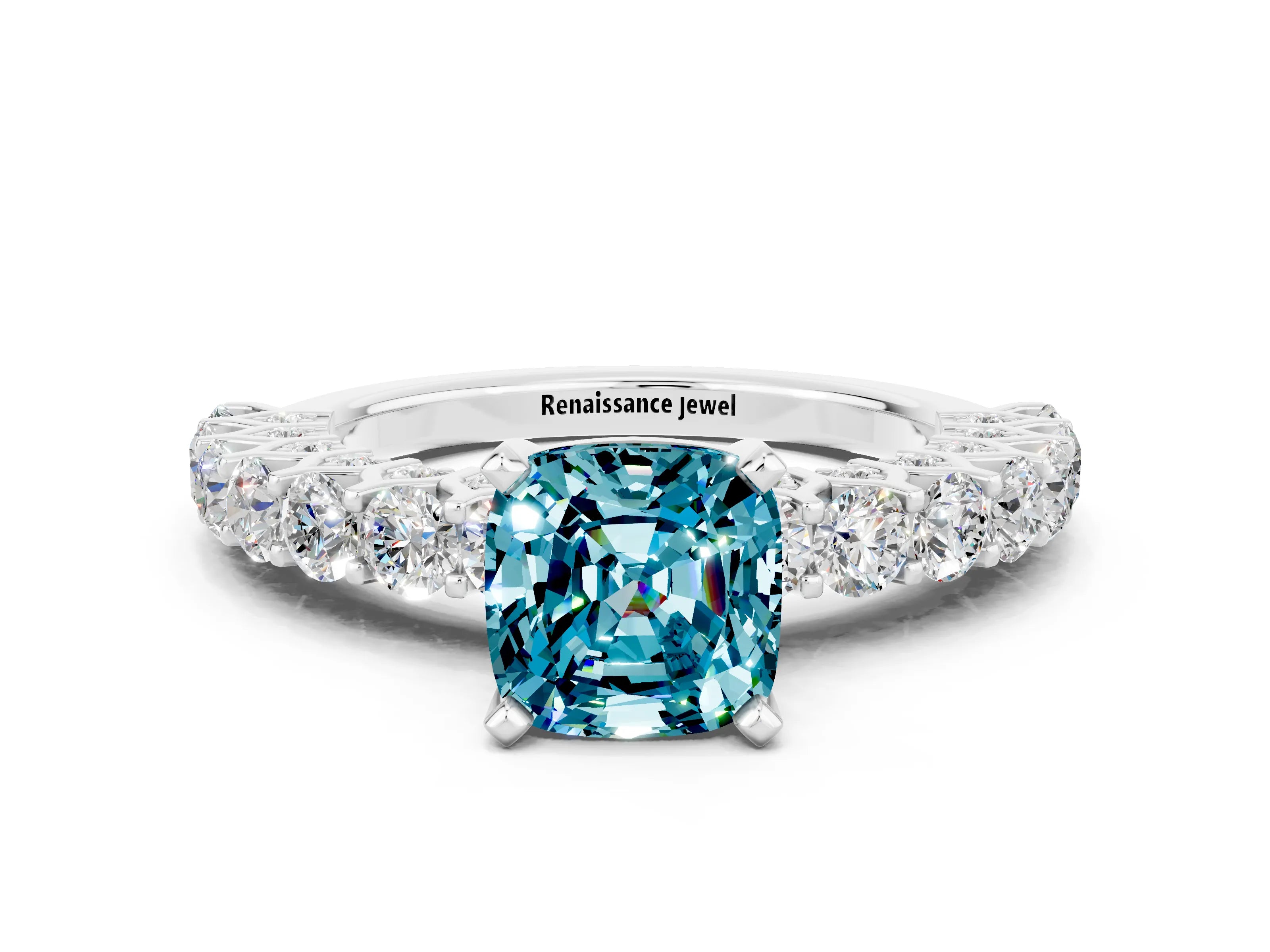 White gold Cushion Cut Blue Topaz Solitaire Ring with Shared Prong Pavé Band and Four-Prong Setting