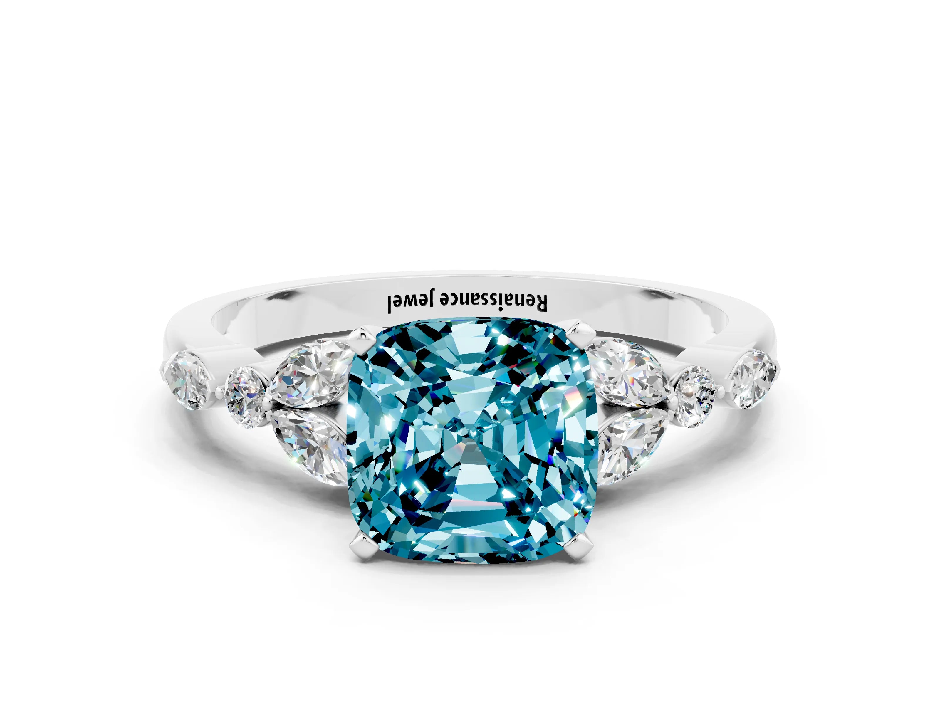 White gold Cushion Cut Blue Topaz Solitaire Ring with Side Stones and Four-Prong Setting_12