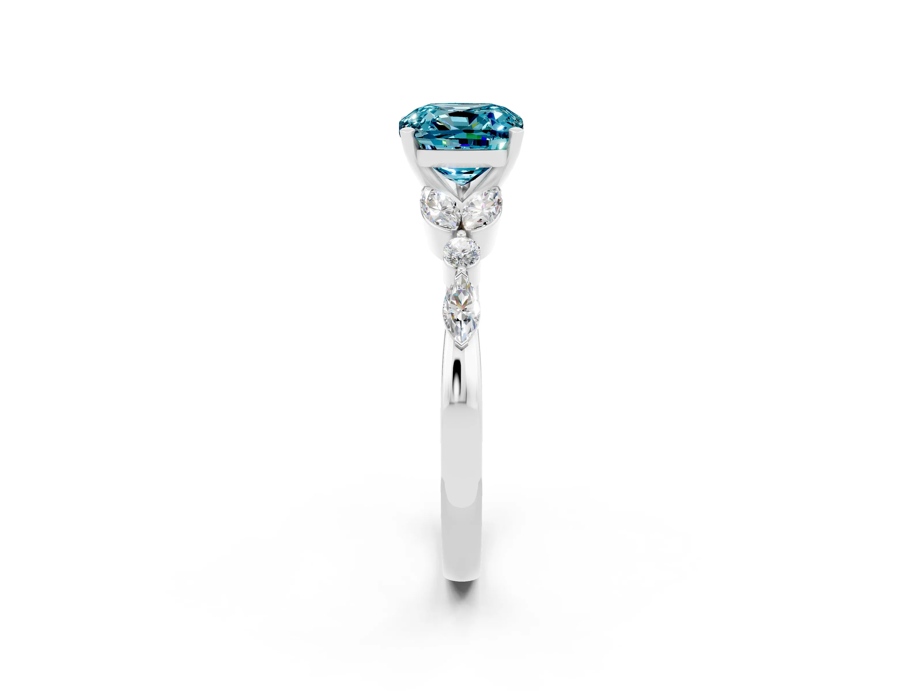 White gold Cushion Cut Blue Topaz Solitaire Ring with Side Stones and Four-Prong Setting_14