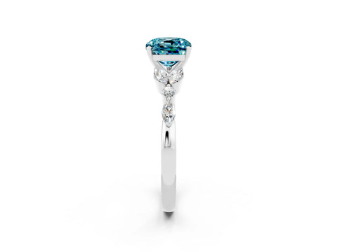 White gold Cushion Cut Blue Topaz Solitaire Ring with Side Stones and Four-Prong Setting_14