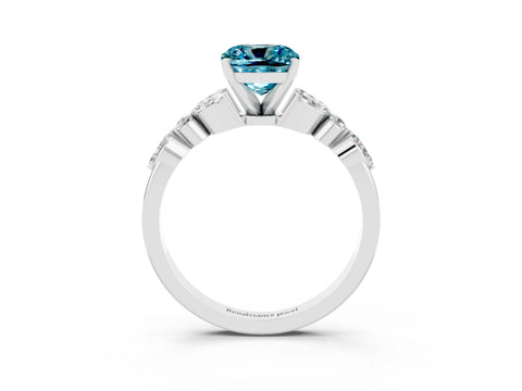 White gold Cushion Cut Blue Topaz Solitaire Ring with Side Stones and Four-Prong Setting_15