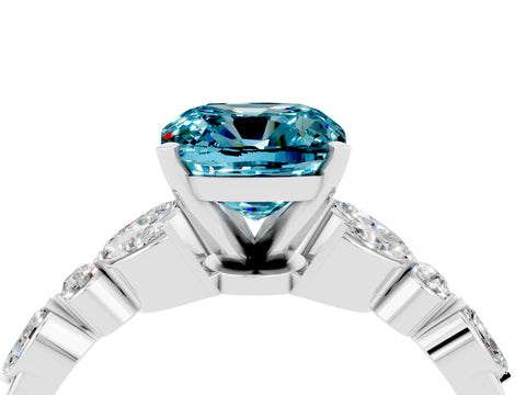 White gold Cushion Cut Blue Topaz Solitaire Ring with Side Stones and Four-Prong Setting_16