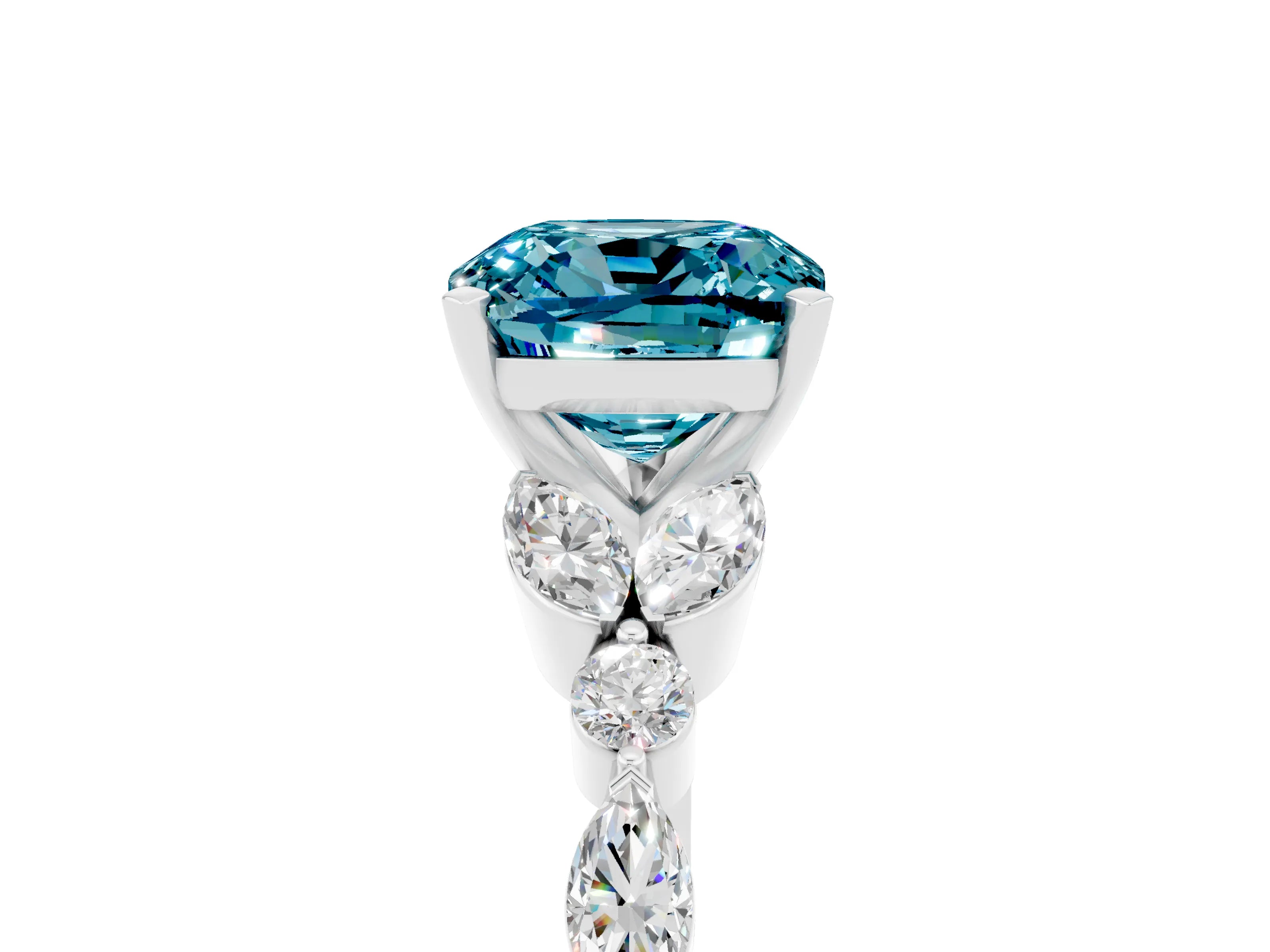 White gold Cushion Cut Blue Topaz Solitaire Ring with Side Stones and Four-Prong Setting_17