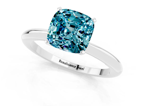 Silver Cushion Cut Blue Topaz Solitaire Ring with Six-Prong Setting and Classic Band