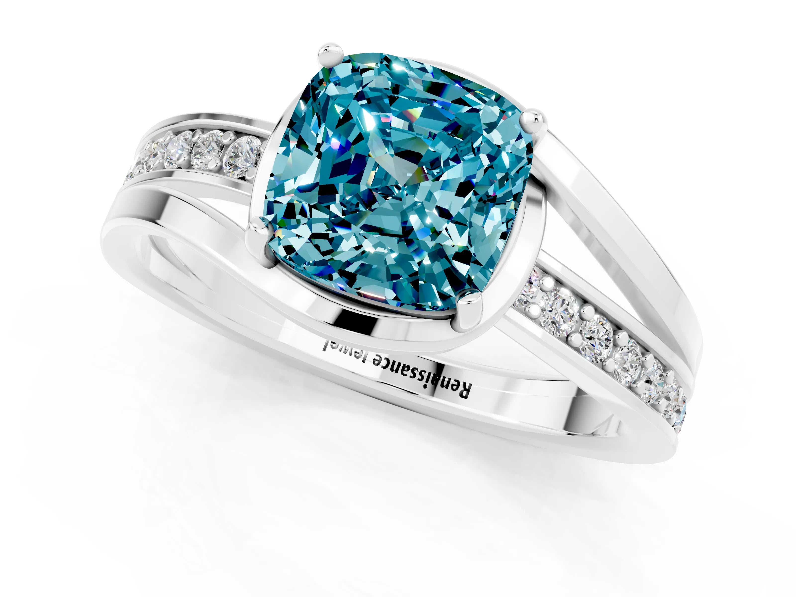 White gold Cushion Cut Blue Topaz Solitaire Ring with Split Shank and Prong Setting_1