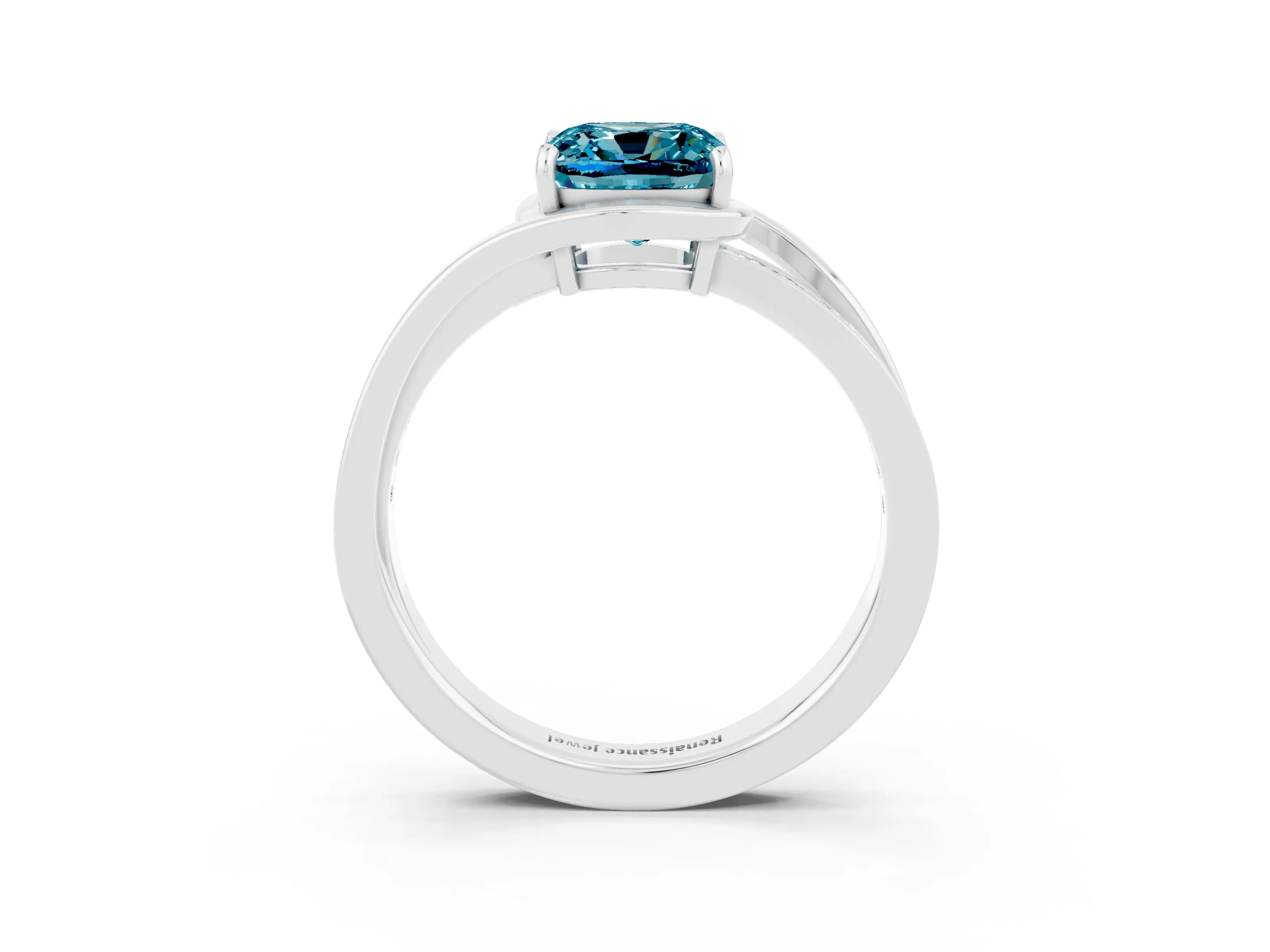 White gold Cushion Cut Blue Topaz Solitaire Ring with Split Shank and Prong Setting_3