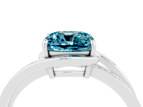 White gold Cushion Cut Blue Topaz Solitaire Ring with Split Shank and Prong Setting_4