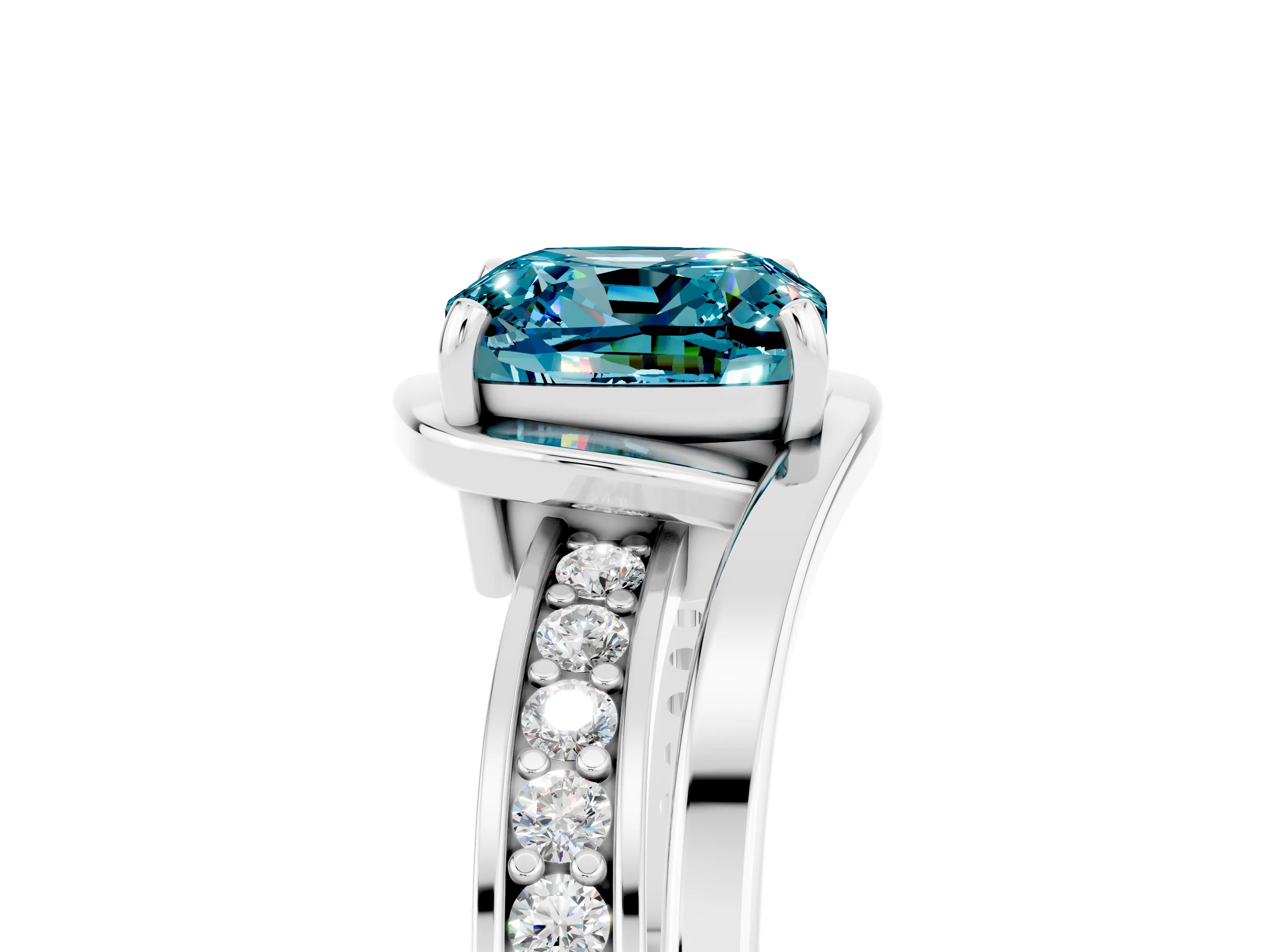 White gold Cushion Cut Blue Topaz Solitaire Ring with Split Shank and Prong Setting_5