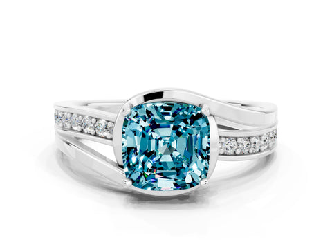 White gold Cushion Cut Blue Topaz Solitaire Ring with Split Shank and Prong Setting