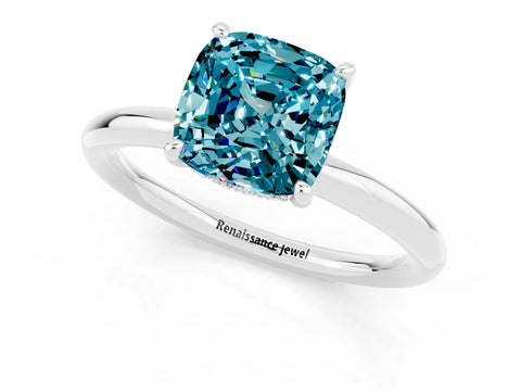 White gold Cushion Cut Blue Topaz Solitaire Ring with Thin Band and Four-Prong Setting_1