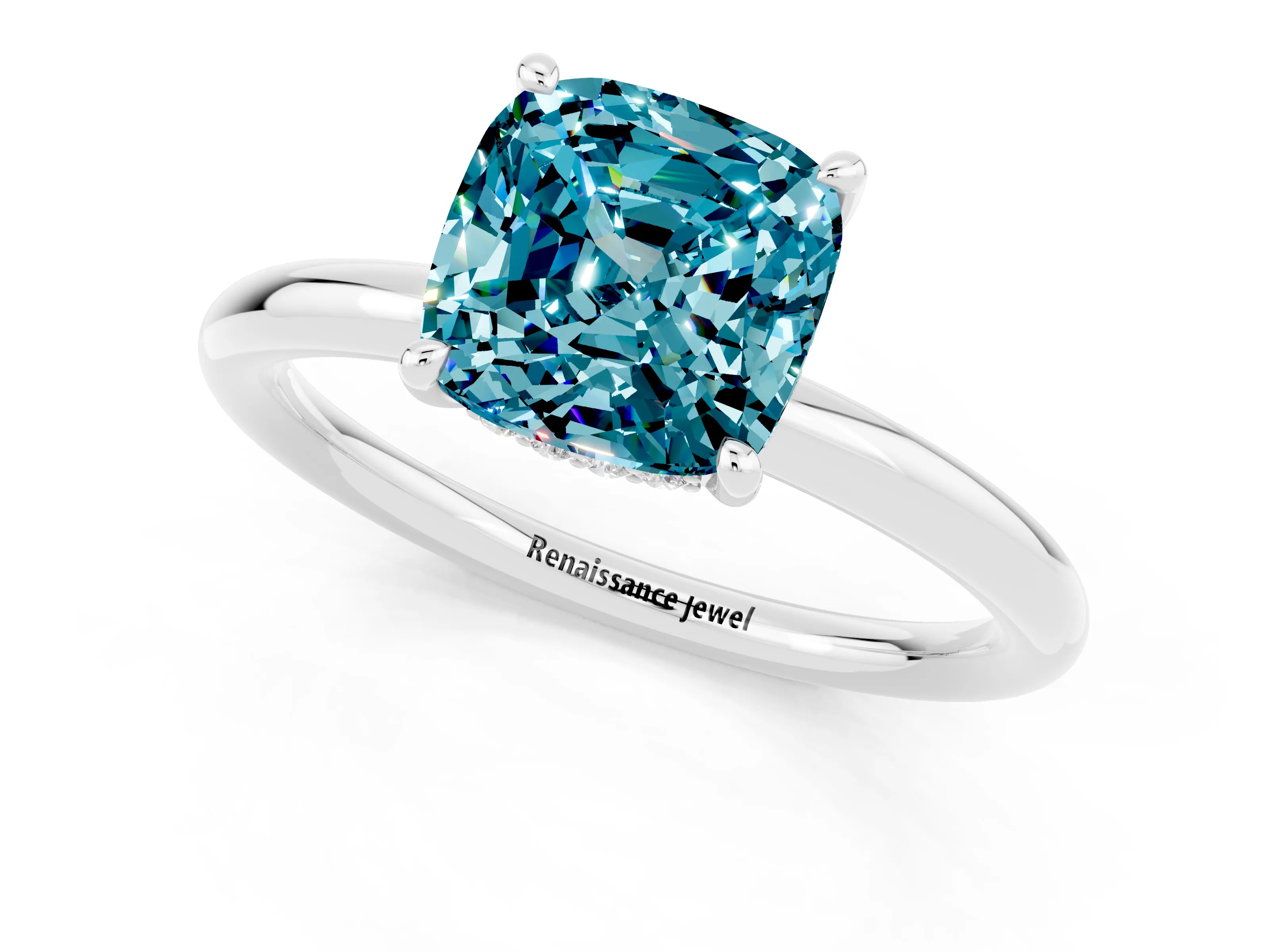 White gold Cushion Cut Blue Topaz Solitaire Ring with Thin Band and Four-Prong Setting_1