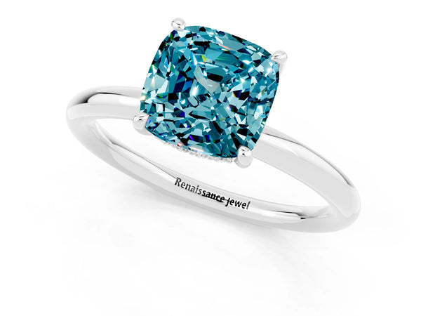 White gold Cushion Cut Blue Topaz Solitaire Ring with Thin Band and Four-Prong Setting