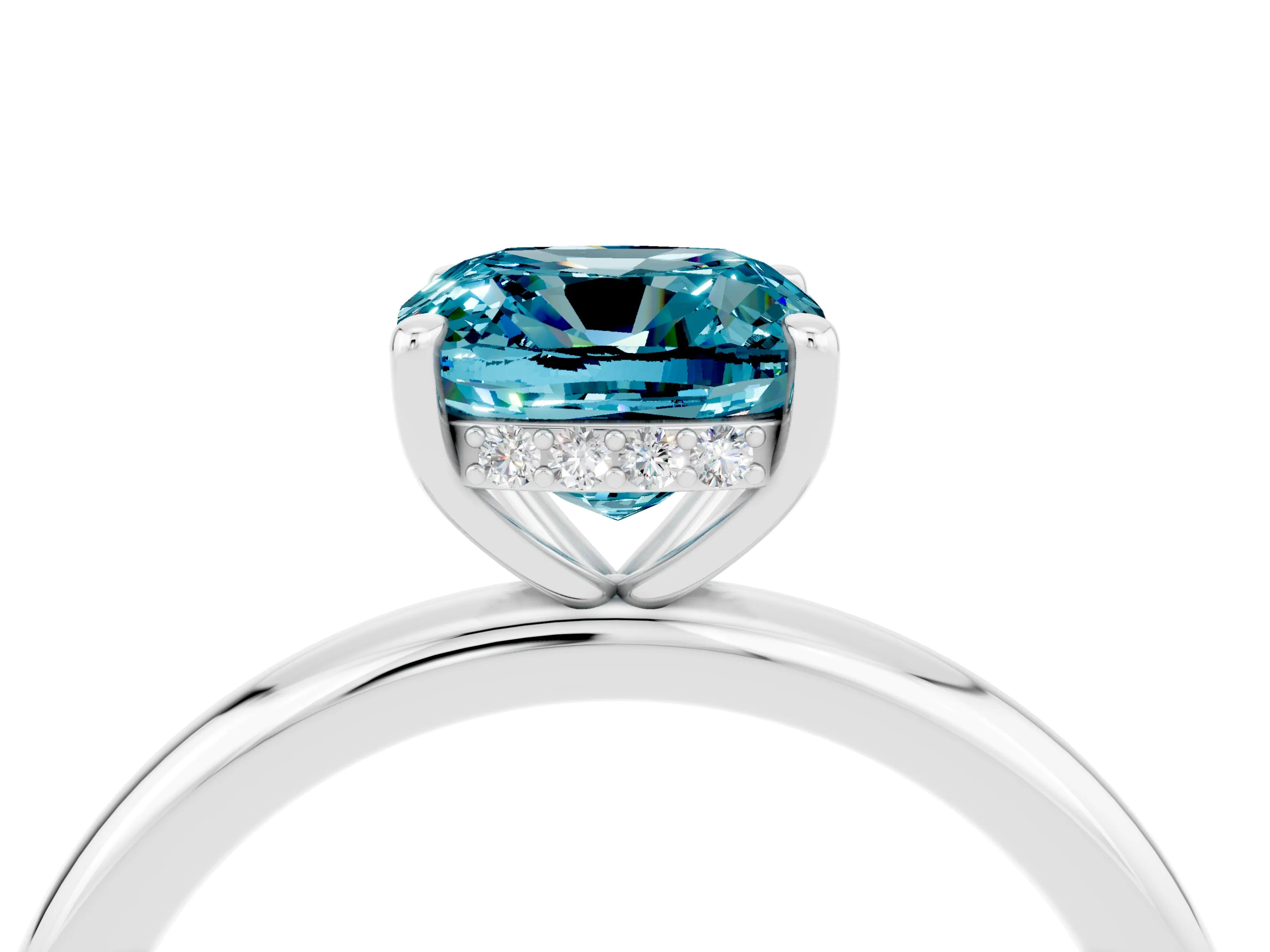 White gold Cushion Cut Blue Topaz Solitaire Ring with Thin Band and Four-Prong Setting_4