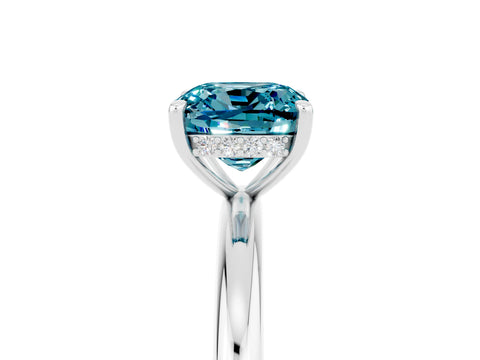 White gold Cushion Cut Blue Topaz Solitaire Ring with Thin Band and Four-Prong Setting_5