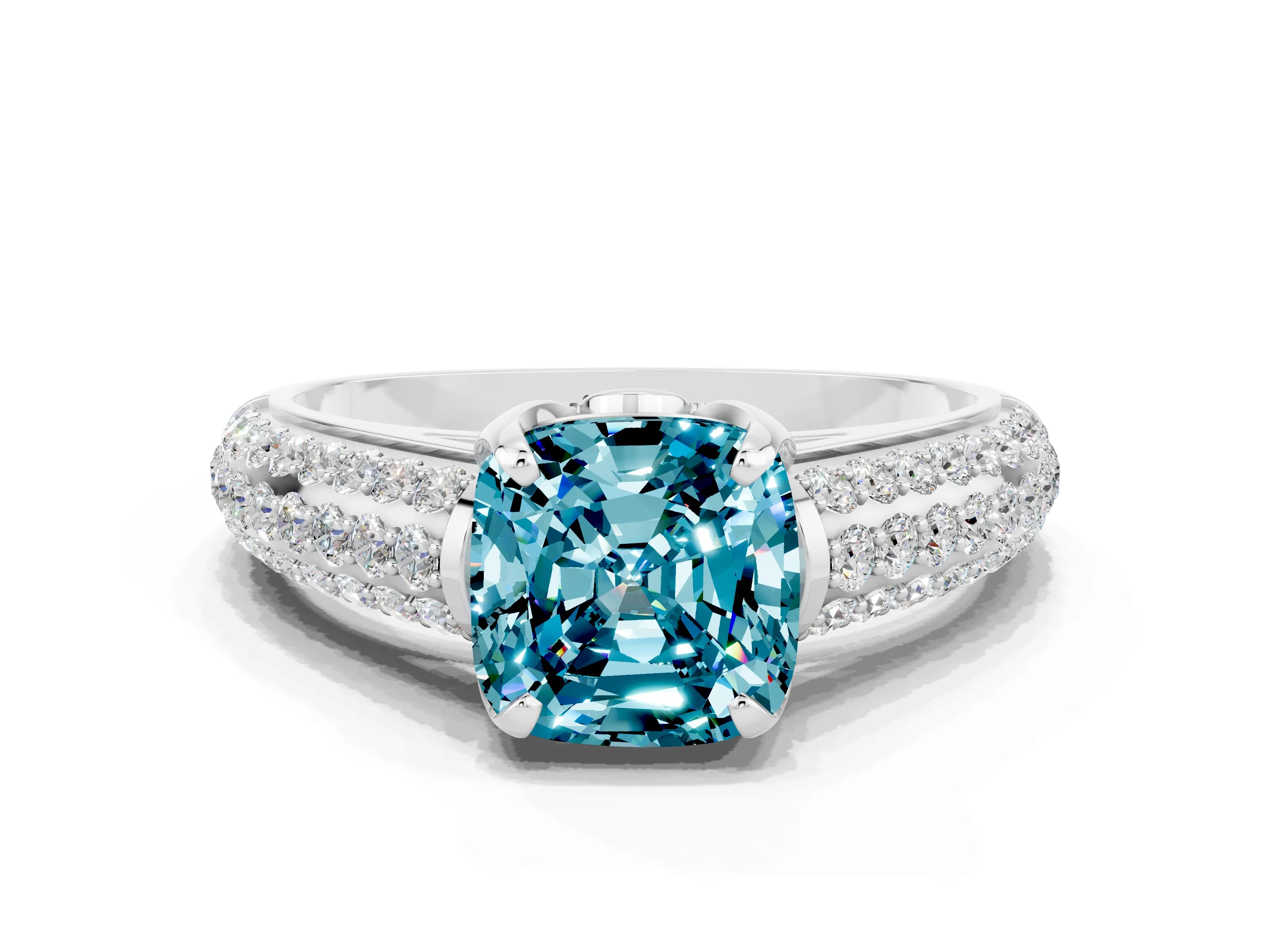 White gold Cushion Cut Blue Topaz Solitaire Ring with Three-Row Pavé Band and Four-Prong Setting_12