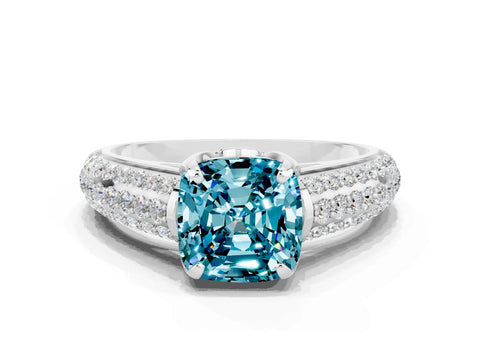 White gold Cushion Cut Blue Topaz Solitaire Ring with Three-Row Pavé Band and Four-Prong Setting_12