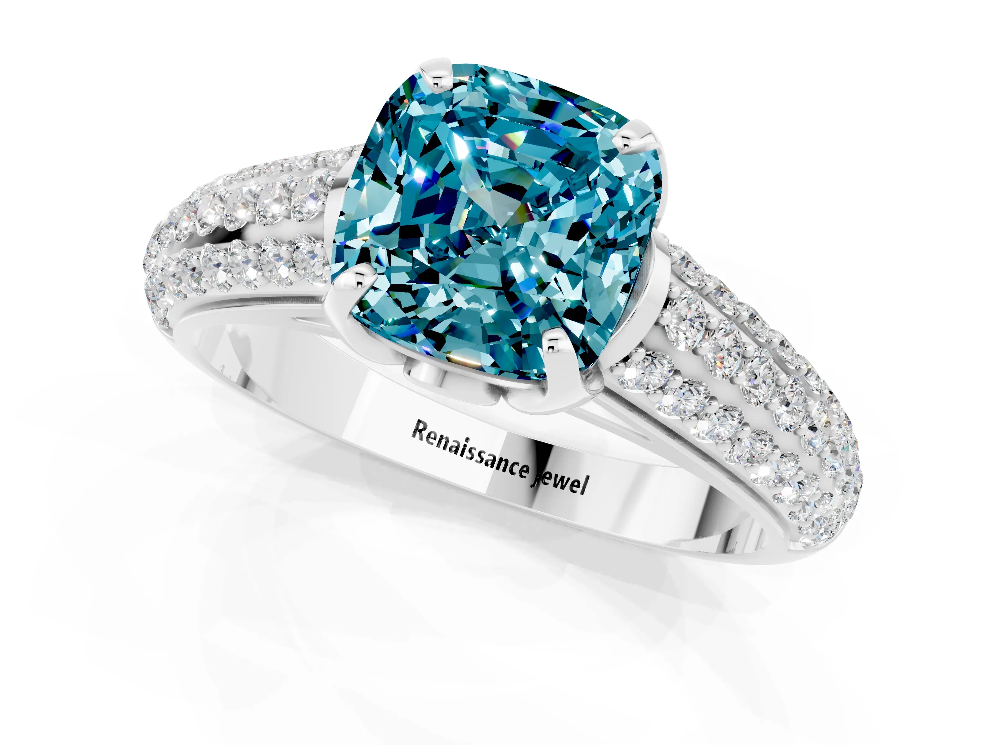 White gold Cushion Cut Blue Topaz Solitaire Ring with Three-Row Pavé Band and Four-Prong Setting_13