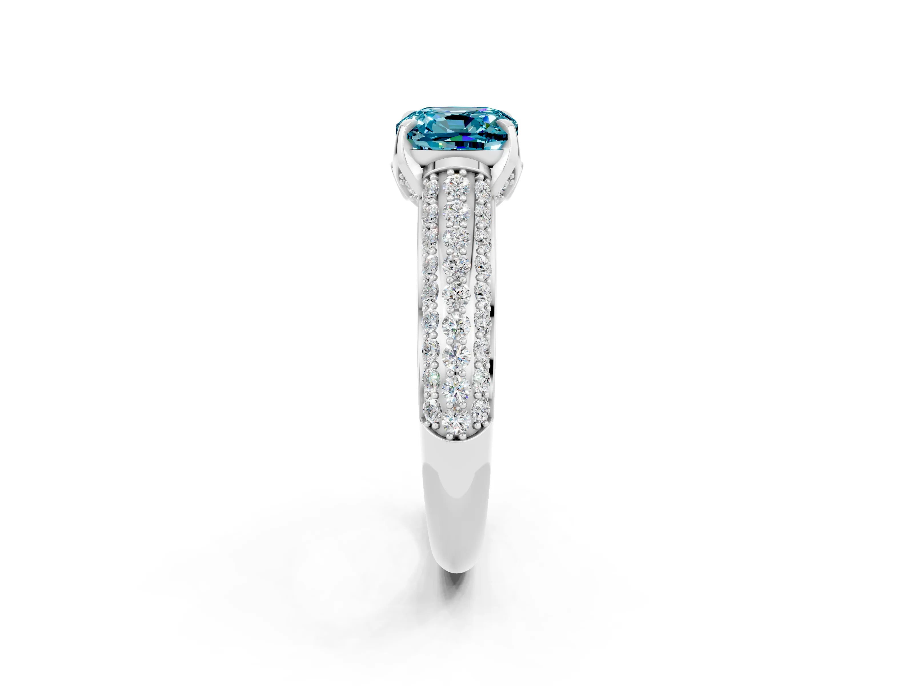 White gold Cushion Cut Blue Topaz Solitaire Ring with Three-Row Pavé Band and Four-Prong Setting_14