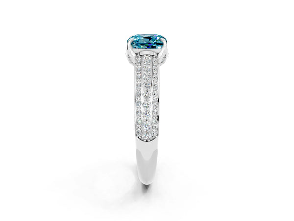 Silver Cushion Cut Blue Topaz Solitaire Ring with Three-Row Pavé Band and Four-Prong Setting