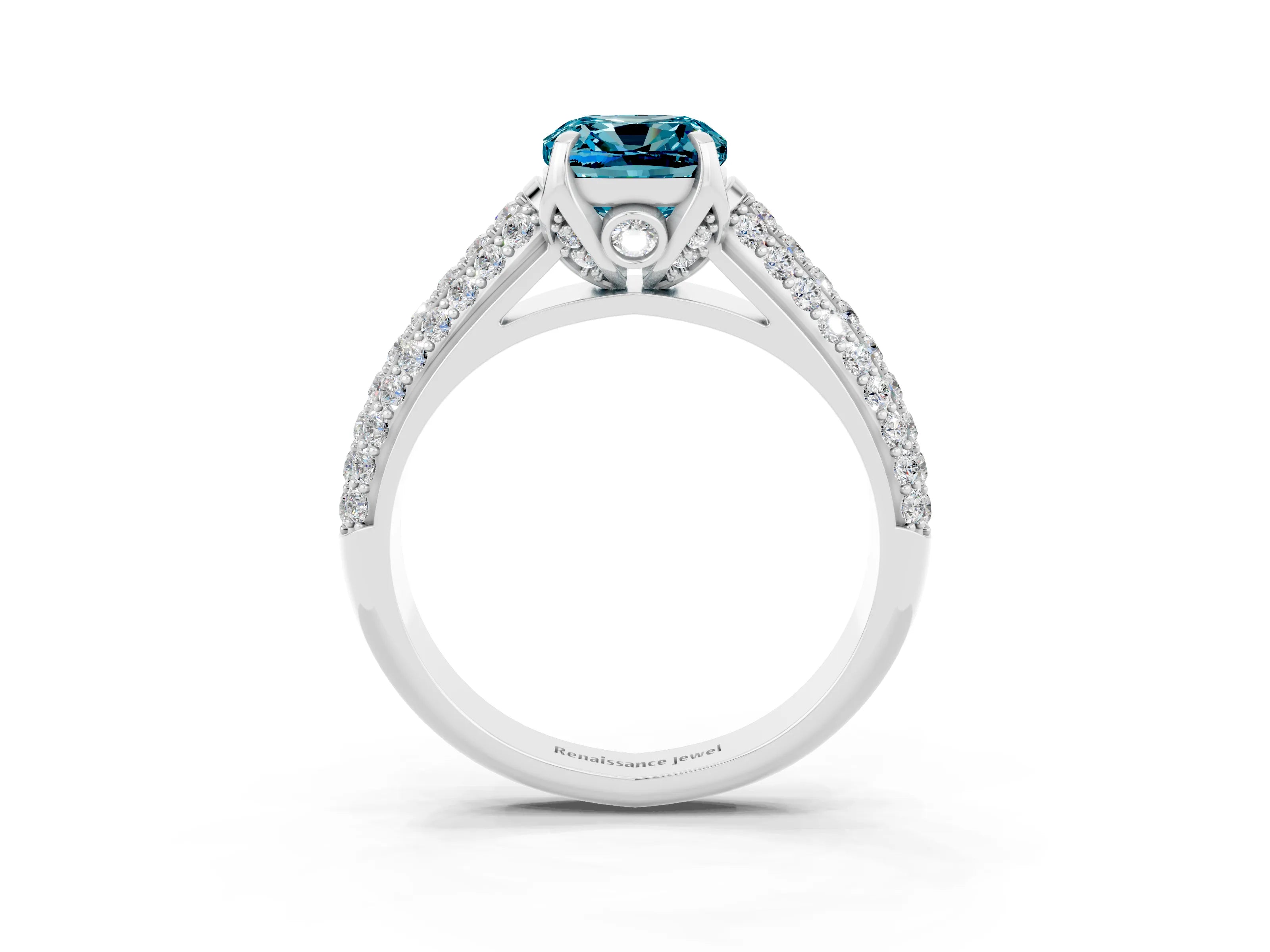 White gold Cushion Cut Blue Topaz Solitaire Ring with Three-Row Pavé Band and Four-Prong Setting_15