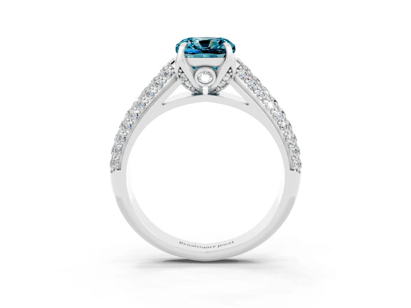 Silver Cushion Cut Blue Topaz Solitaire Ring with Three-Row Pavé Band and Four-Prong Setting