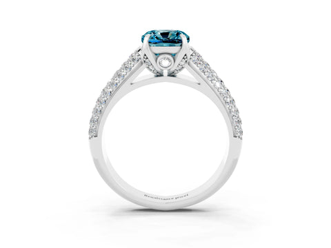 White gold Cushion Cut Blue Topaz Solitaire Ring with Three-Row Pavé Band and Four-Prong Setting_15