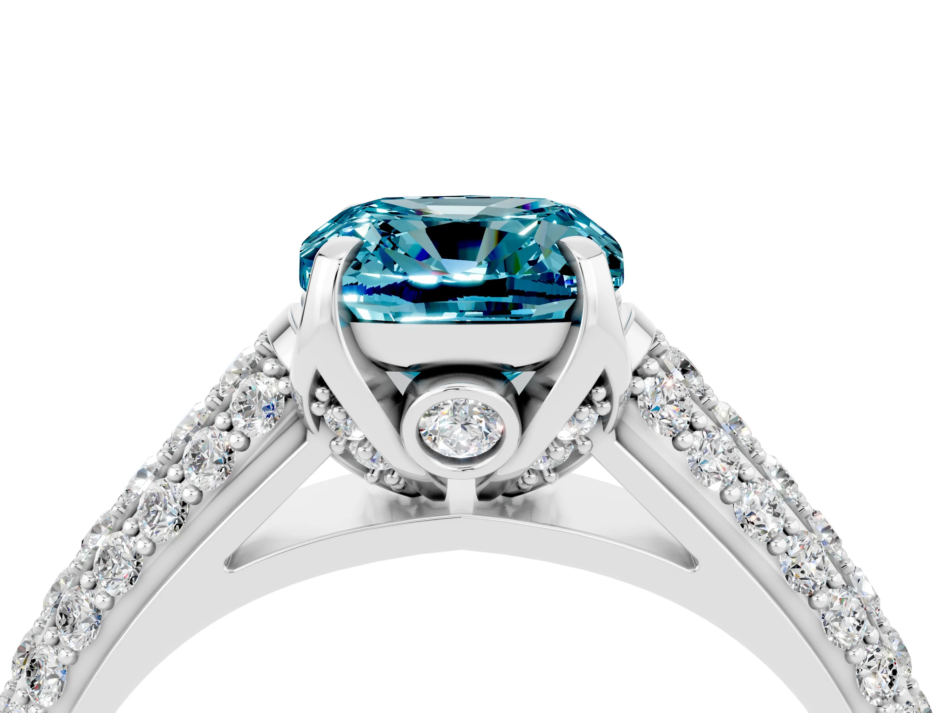 White gold Cushion Cut Blue Topaz Solitaire Ring with Three-Row Pavé Band and Four-Prong Setting_16