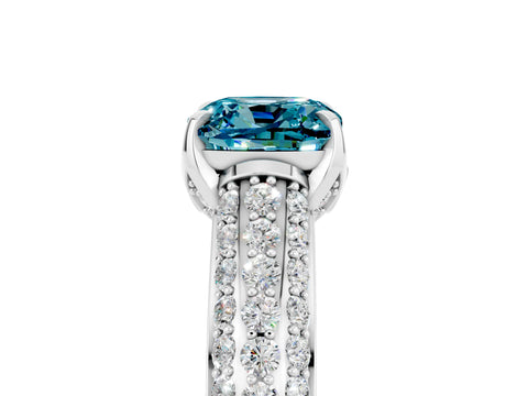White gold Cushion Cut Blue Topaz Solitaire Ring with Three-Row Pavé Band and Four-Prong Setting_17