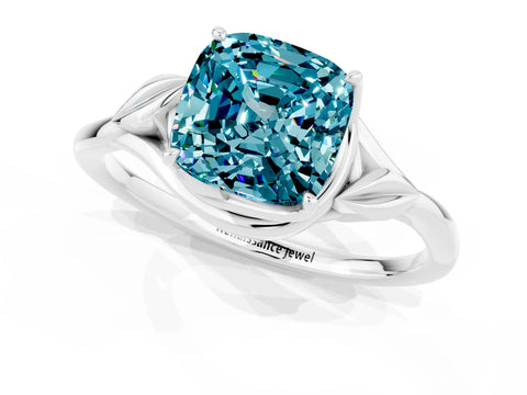 White gold Cushion Cut Blue Topaz Solitaire Ring with Twist Band and Four-Prong Setting_13