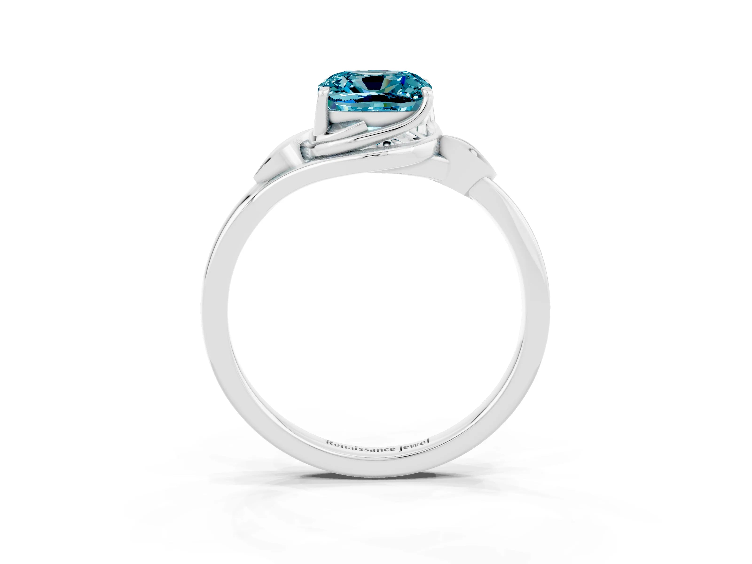 White gold Cushion Cut Blue Topaz Solitaire Ring with Twist Band and Four-Prong Setting_15