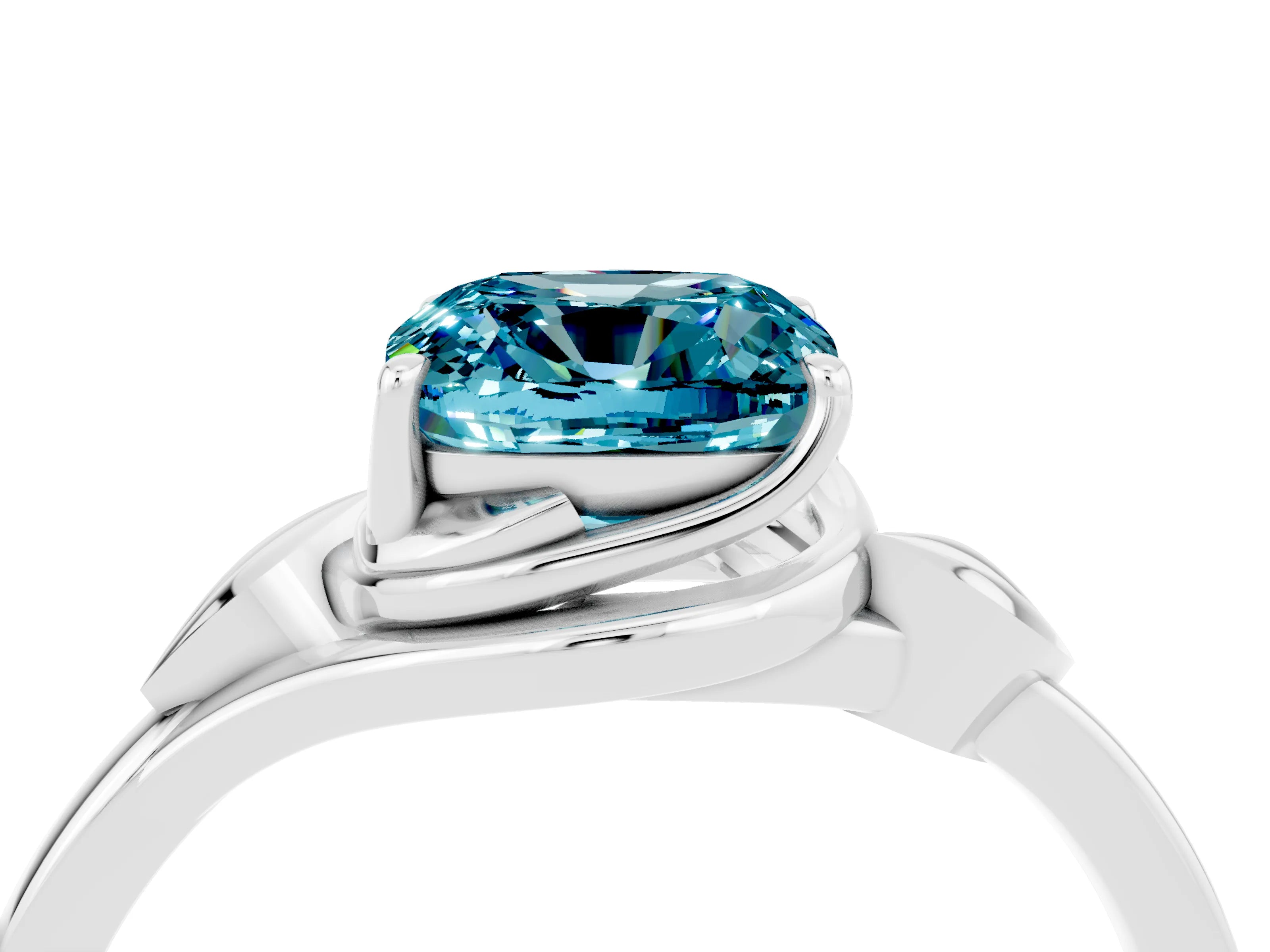 White gold Cushion Cut Blue Topaz Solitaire Ring with Twist Band and Four-Prong Setting_16