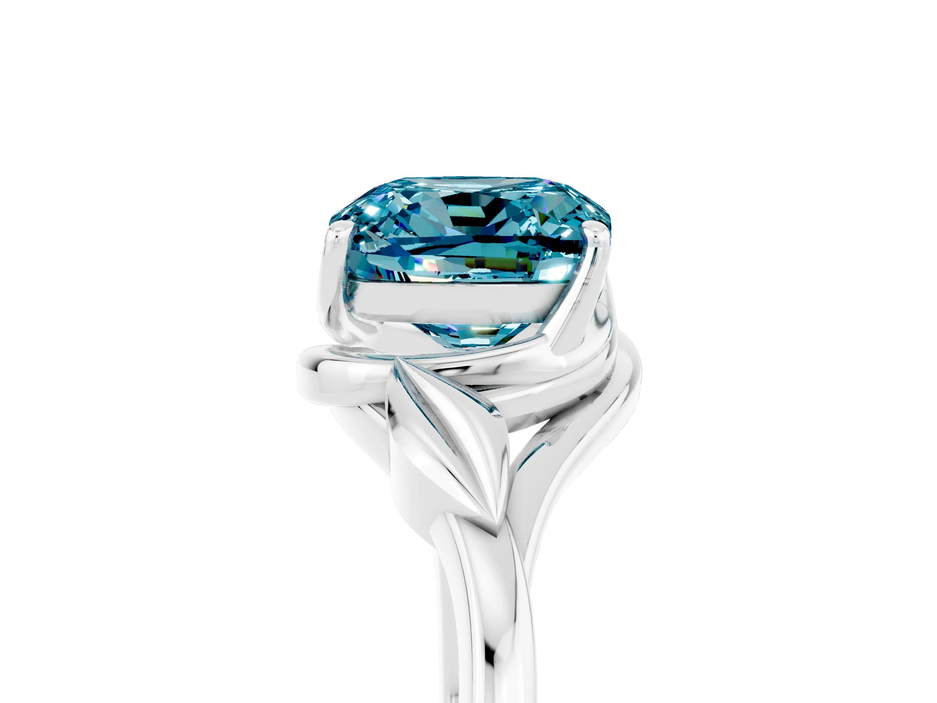 White gold Cushion Cut Blue Topaz Solitaire Ring with Twist Band and Four-Prong Setting_17