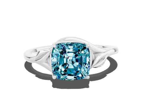 White gold Cushion Cut Blue Topaz Solitaire Ring with Twist Band and Four-Prong Setting_36