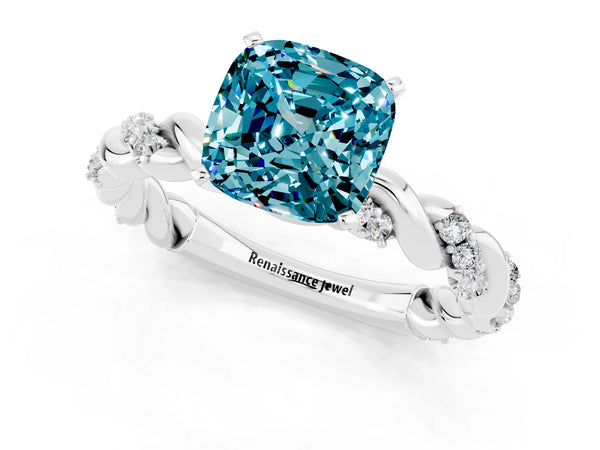 Platinum Cushion Cut Blue Topaz Solitaire Ring with Twisted Band and Pavé Accents