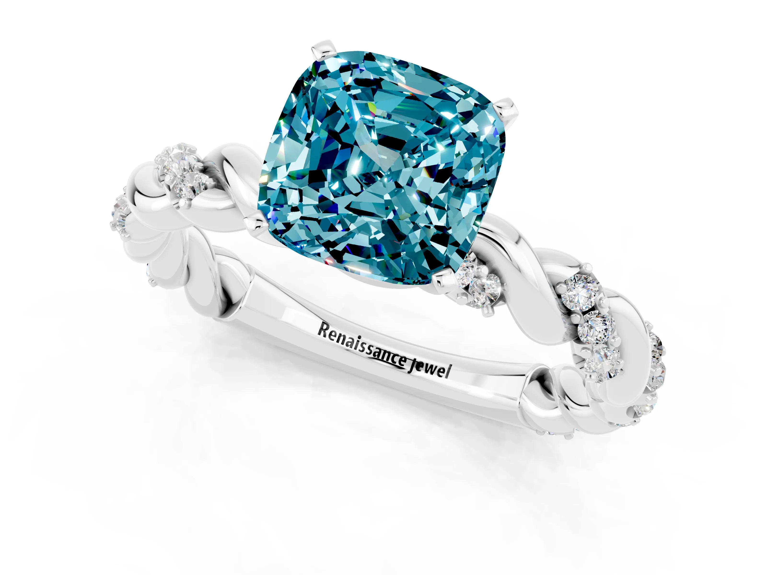 White gold Cushion Cut Blue Topaz Solitaire Ring with Twisted Band and Pavé Accents_1