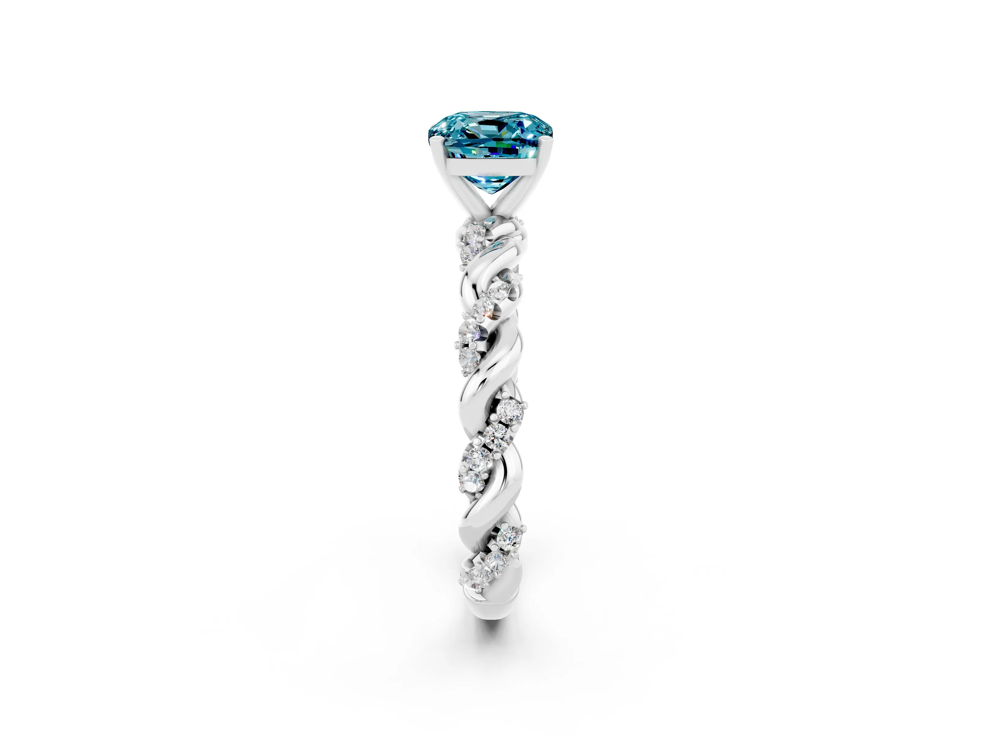 White gold Cushion Cut Blue Topaz Solitaire Ring with Twisted Band and Pavé Accents_2