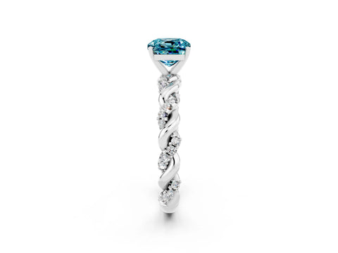 White gold Cushion Cut Blue Topaz Solitaire Ring with Twisted Band and Pavé Accents_2