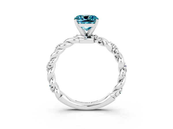 Silver Cushion Cut Blue Topaz Solitaire Ring with Twisted Band and Pavé Accents