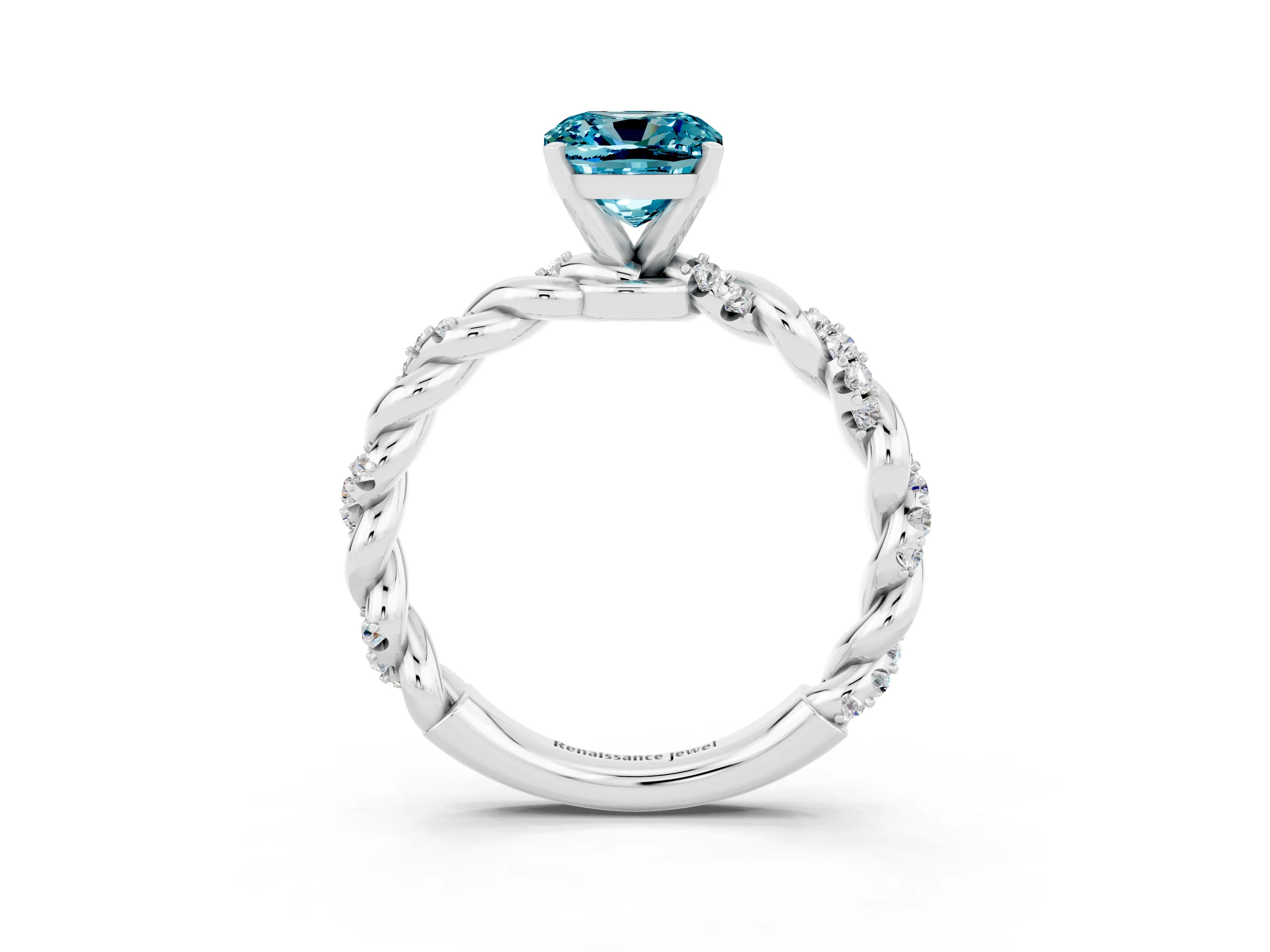 White gold Cushion Cut Blue Topaz Solitaire Ring with Twisted Band and Pavé Accents_3