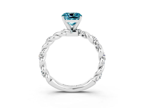 White gold Cushion Cut Blue Topaz Solitaire Ring with Twisted Band and Pavé Accents_3