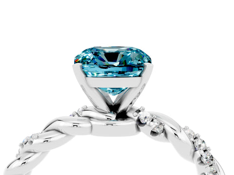 White gold Cushion Cut Blue Topaz Solitaire Ring with Twisted Band and Pavé Accents_4