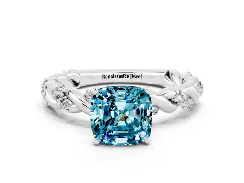 White gold Cushion Cut Blue Topaz Solitaire Ring with Twisted Band and Pavé Accents