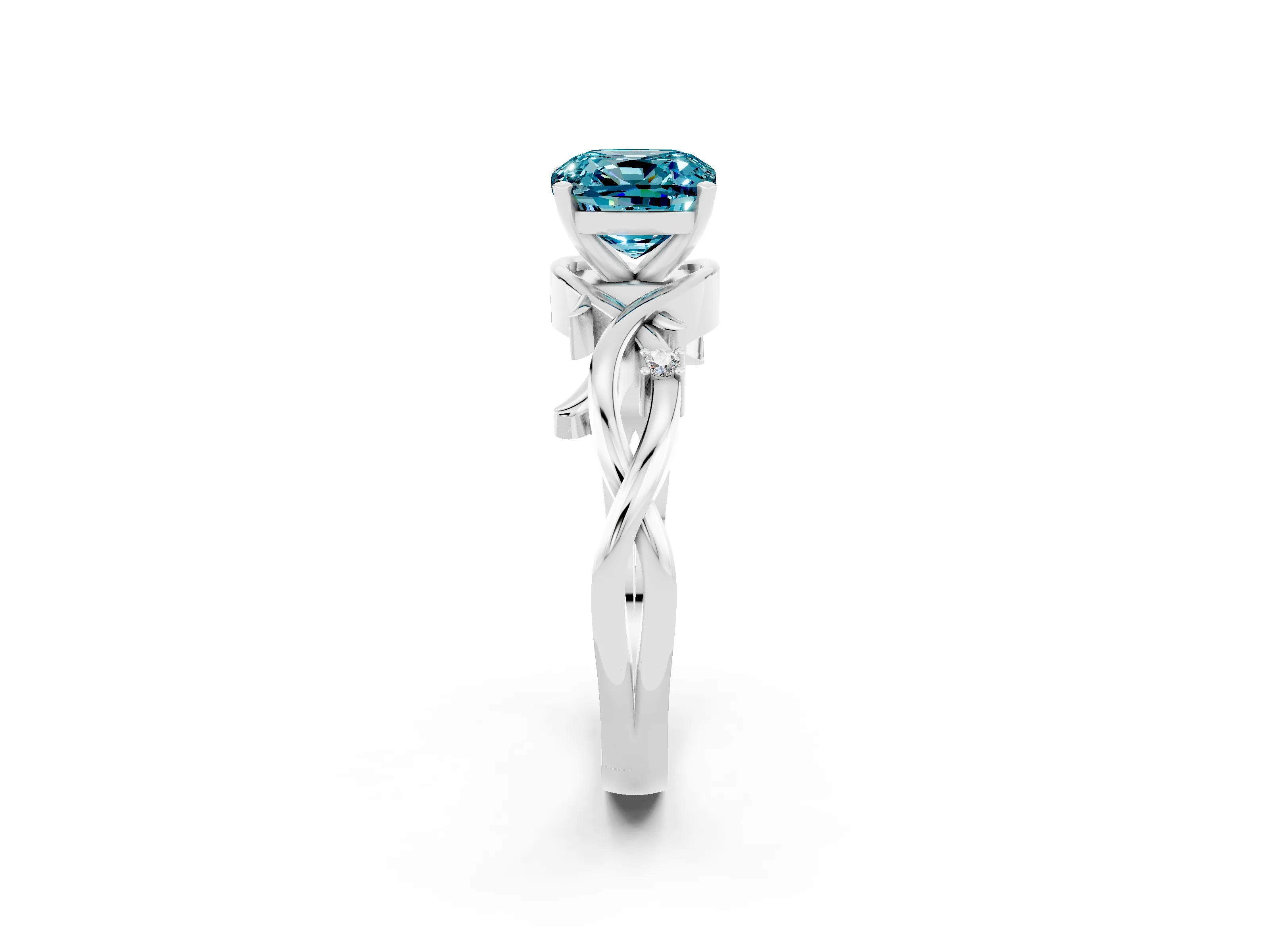 White gold Cushion Cut Blue Topaz Solitaire Ring with Twisted Band and Prong Setting_14